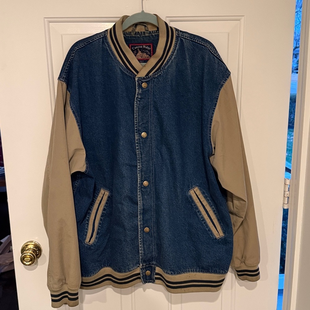Vintage Canyon Ridge Denim and Khaki Two-Tone Varsity Bomber Jacket 2XL Tall - Picture 12 of 12